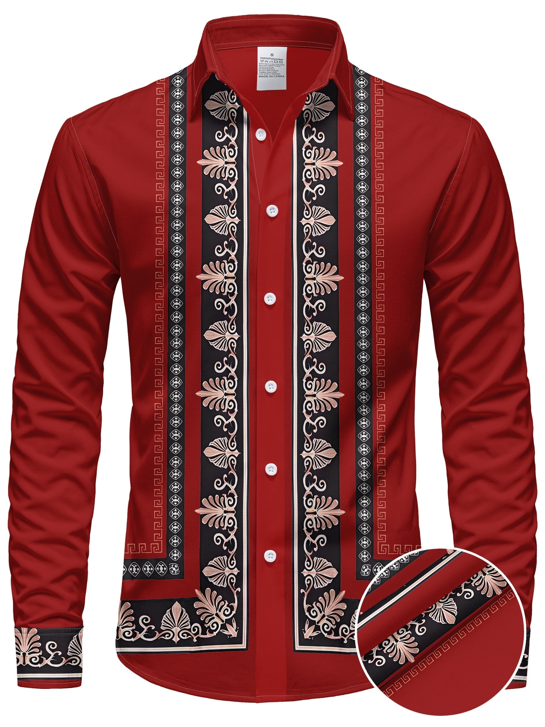 Men's long sleeve ethnic floral shirt in turquoise and gold by SHOWLU FASHION STORE, featuring intricate floral patterns and a traditional design.