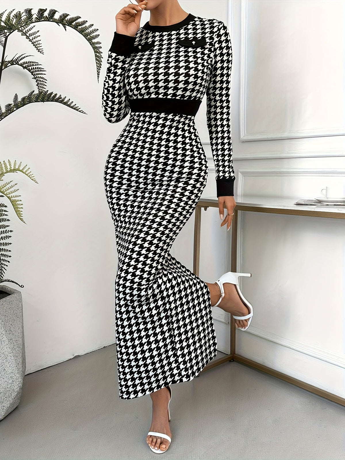 SHOWLU FASHION Houndstooth Bodycon Dress featuring an elegant crew neck and knit fabric, form-fitting design perfect for stylish occasions.