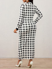 Elegant Women'S Houndstooth Long Sleeve Maxi Dress - Black & White, Knee-Length with Flowing Cape, Perfect for Spring, Formal or Casual Occasions, Formal Attire|Flowing Cape Design|Polyester Fabri