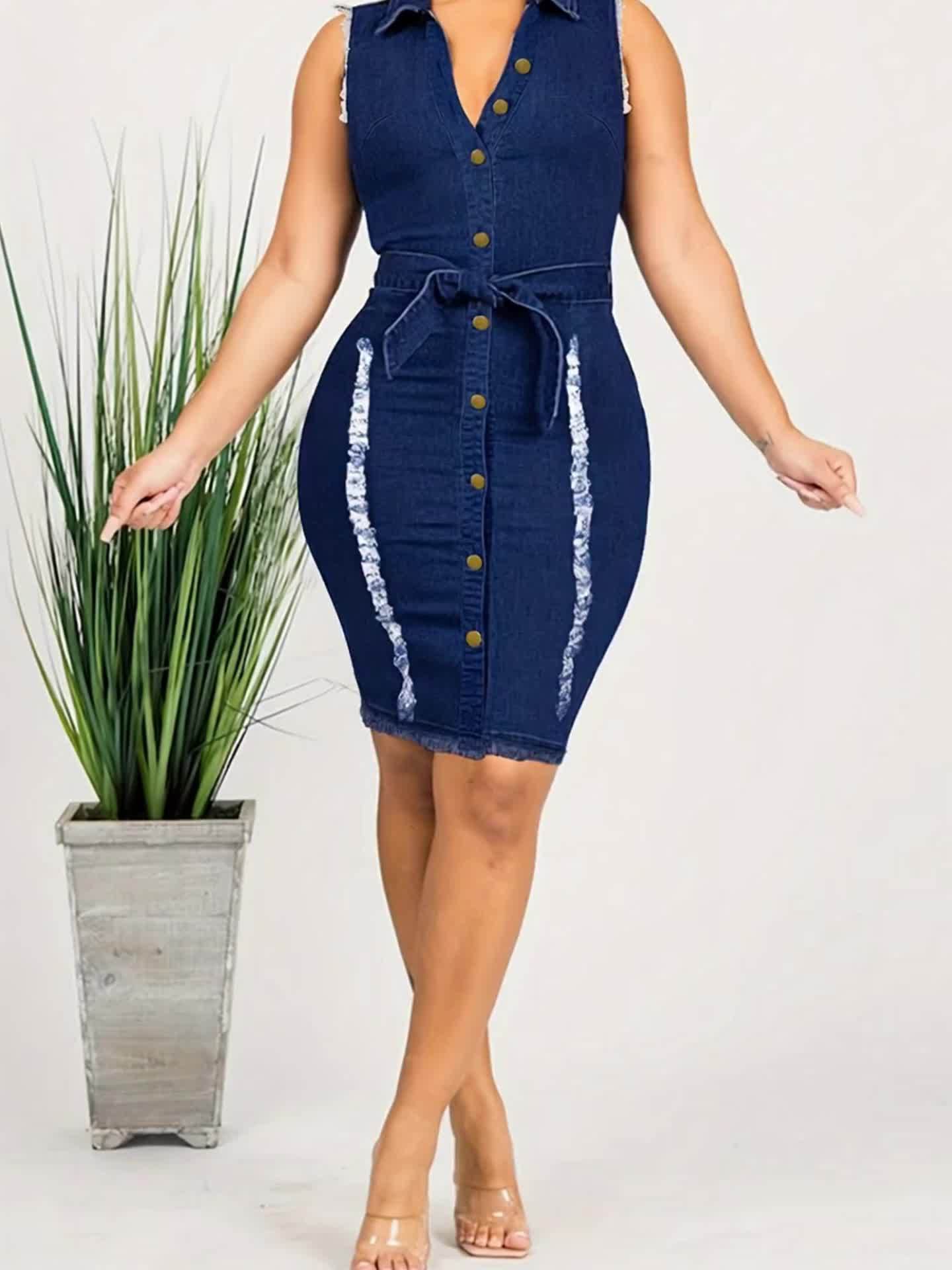 Sexy blue denim women's bodycon midi dress with V-neck and sleeveless design by SHOWLU FASHION STORE.