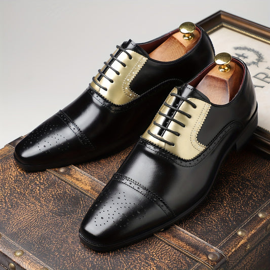 [Golden Stitching, Business Casual Shoes] Black Pointed Toe Business Casual Dress Shoes - Faux Upper, Rubber Sole, Lace-Up Closure - Sizes 39-48, for Office, Parties, Daily Wear