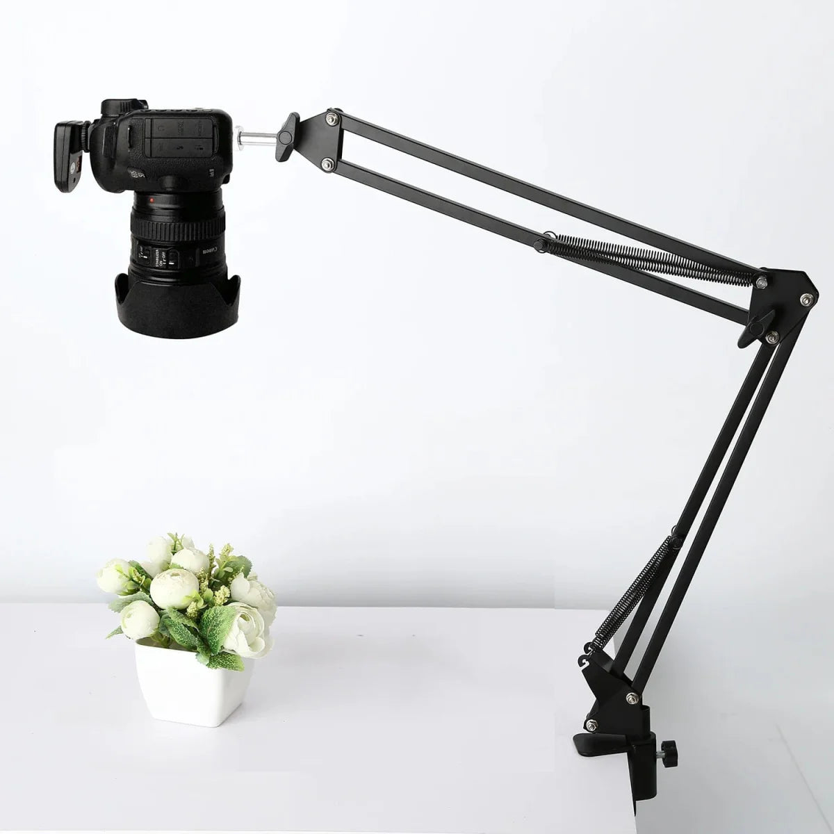 Lacyfans aluminum desktop tripod stand for phone and camera, overhead photography arm with ring light and lamp holder.