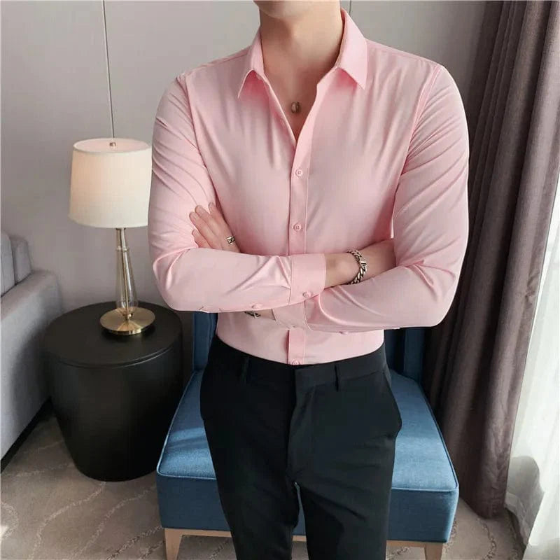 Showlu men's slim fit long sleeve dress shirt in solid white, ideal for business formal wear and professional attire.