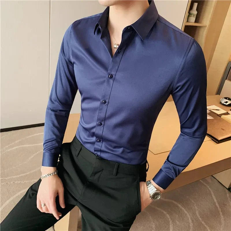 Showlu men's slim fit long sleeve dress shirt in solid white, ideal for business formal wear, with a classic collar and tailored fit.