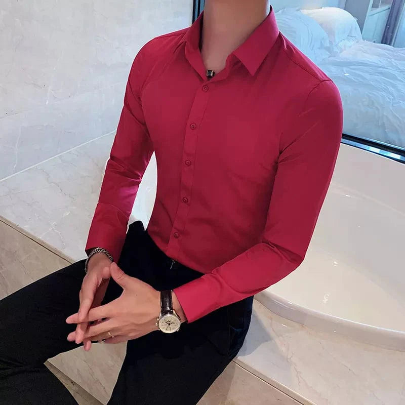 Showlu men's slim fit long sleeve dress shirt in solid color, ideal for business formal wear, casual or professional attire.
