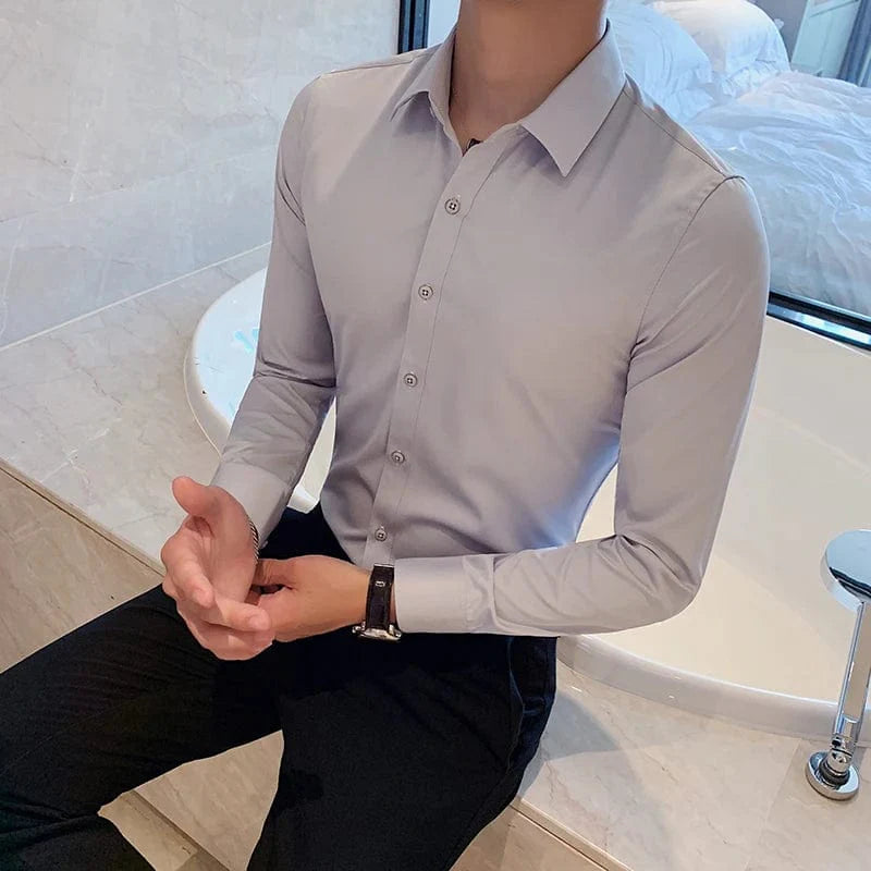 Showlu men's slim fit long sleeve dress shirt in solid white, ideal for business formal wear and professional attire.