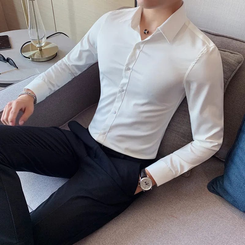 Showlu men's slim fit long sleeve dress shirt in solid color, ideal for business formal wear, casual or professional occasions.