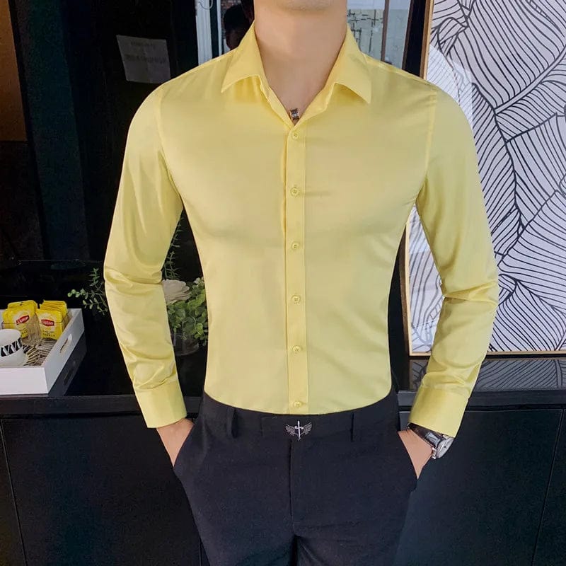 Showlu men's slim fit long sleeve dress shirt in solid white, ideal for business formal wear and professional occasions.