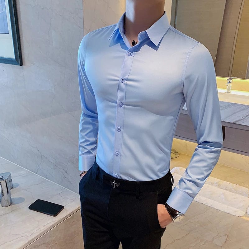 Showlu men's slim fit long sleeve dress shirt in solid white, perfect for business formal wear and professional attire.