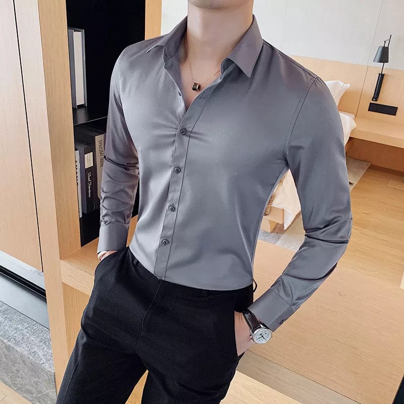Showlu men's slim fit long sleeve dress shirt in solid white, ideal for business formal wear and professional attire.