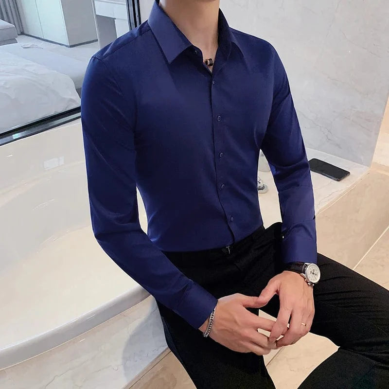 Showlu men's slim fit long sleeve dress shirt in solid color, ideal for business formal wear, stylish and professional.