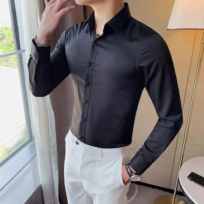 Showlu men's slim fit long sleeve dress shirt in solid white, ideal for business formal wear, with a classic collar and tailored fit.