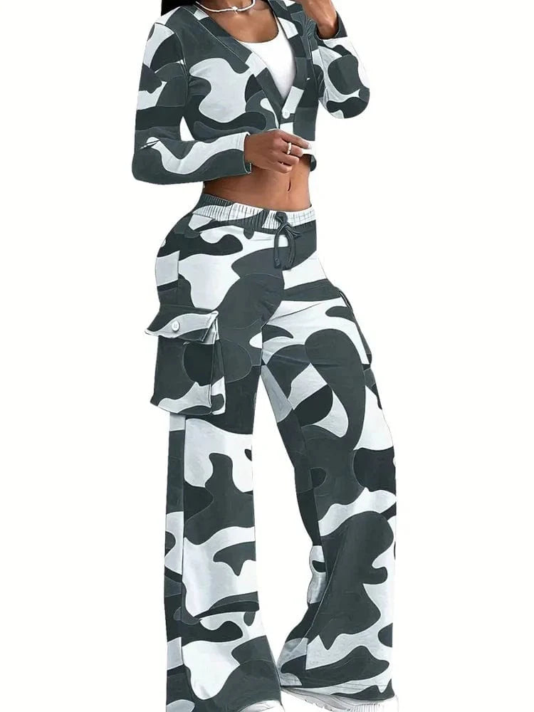 Camouflage women's 2-piece casual set with sexy crop top and cargo pants, stylish outdoor sportswear from SHOWLU FASHION STORE