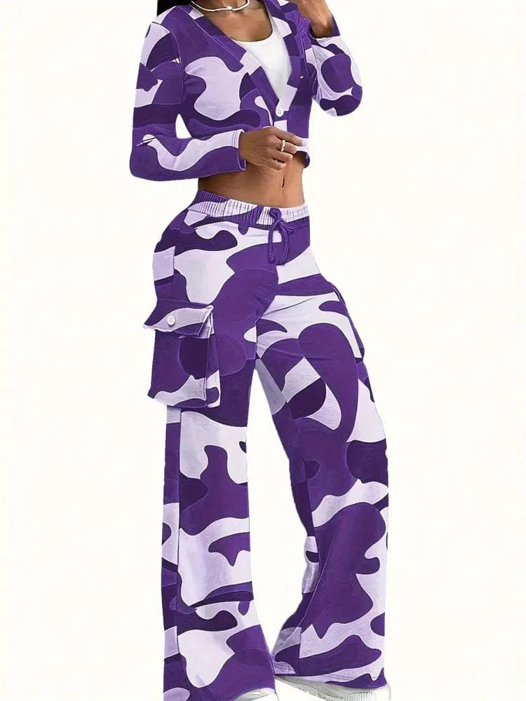 Camouflage women's 2-piece set by SHOWLU FASHION STORE with sexy crop top and cargo pants, casual and outdoor-ready.