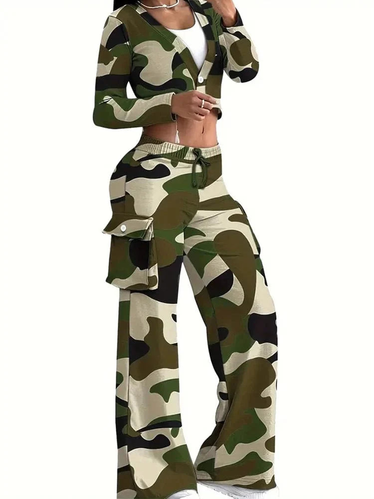 Camouflage women's 2-piece set with crop top and cargo pants, stylish casual outdoor outfit from SHOWLU FASHION STORE.
