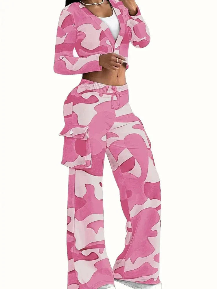 Camouflage women's 2-piece set with crop top and cargo pants, stylish outdoor casualwear from SHOWLU FASHION STORE.