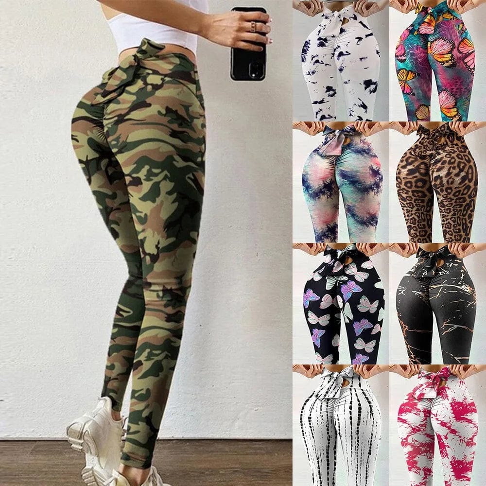 Showlu Fashion Women's camouflage high waist leggings with bowknot detail, designed for yoga, fitness, and casual wear.