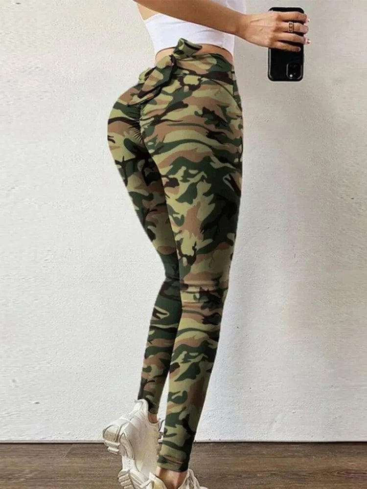 Camouflage-print high waist leggings for women with bow knot detail, designed for yoga, fitness, and casual wear by Showlu Fashion.