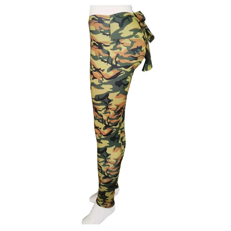 Camouflage print high waist women's leggings with bowknot detail, designed for yoga, fitness, and casual wear by Showlu Fashion.