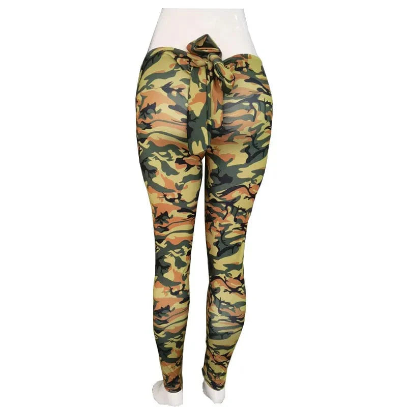 Women's camouflage print high waist yoga leggings with bow knot detail, designed for fitness, casual wear, and booty lifting.