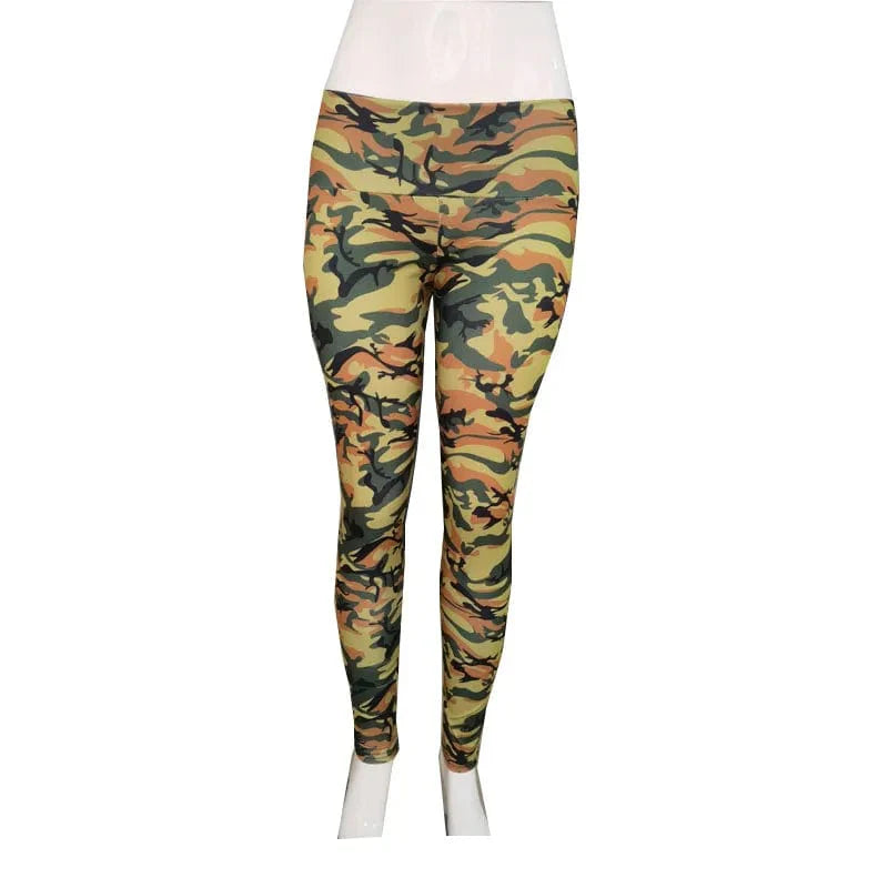 Camouflage-print women's high waist leggings with bowknot detail, designed for yoga, fitness, and casual wear by Showlu Fashion.