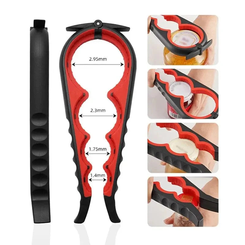 Showlu 4-in-1 multi-functional bottle opener with anti-slip grip, capable of opening cans, bottles, and twisting caps.