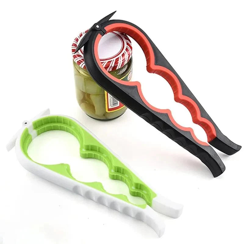 Showlu 4-in-1 multi-functional bottle opener with anti-slip grip, capable of opening cans, bottles, and twisting caps.