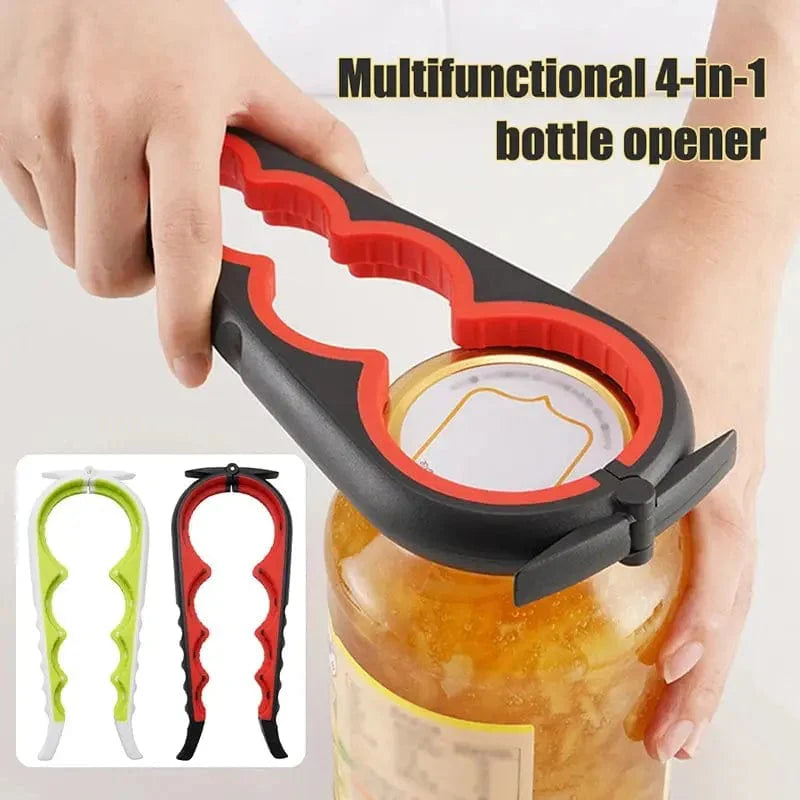 Showlu 4-in-1 multi-functional bottle opener with anti-slip grip for opening cans, bottles, and caps efficiently.