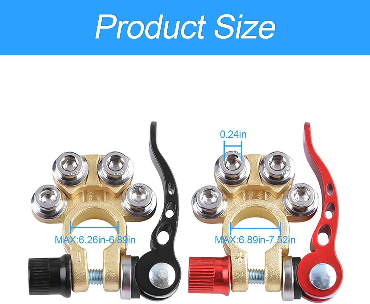 Showlu 4-way quick release car battery terminal connectors, 2-pack, compatible with SAE/JIS type A posts for cars, vans, trucks.