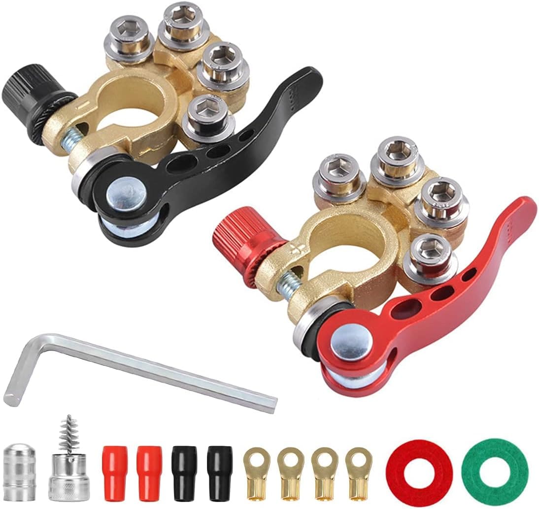 Showlu 4-Way Quick Release Car Battery Terminal Connectors, 2 pcs, for SAEJIS Type A posts on cars, vans, and trucks.