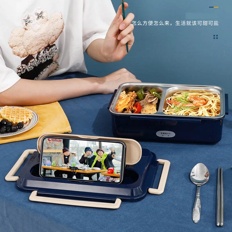 Showlu FusionHeat electric lunch box with stainless steel interior for car and home food warming, portable and durable design.