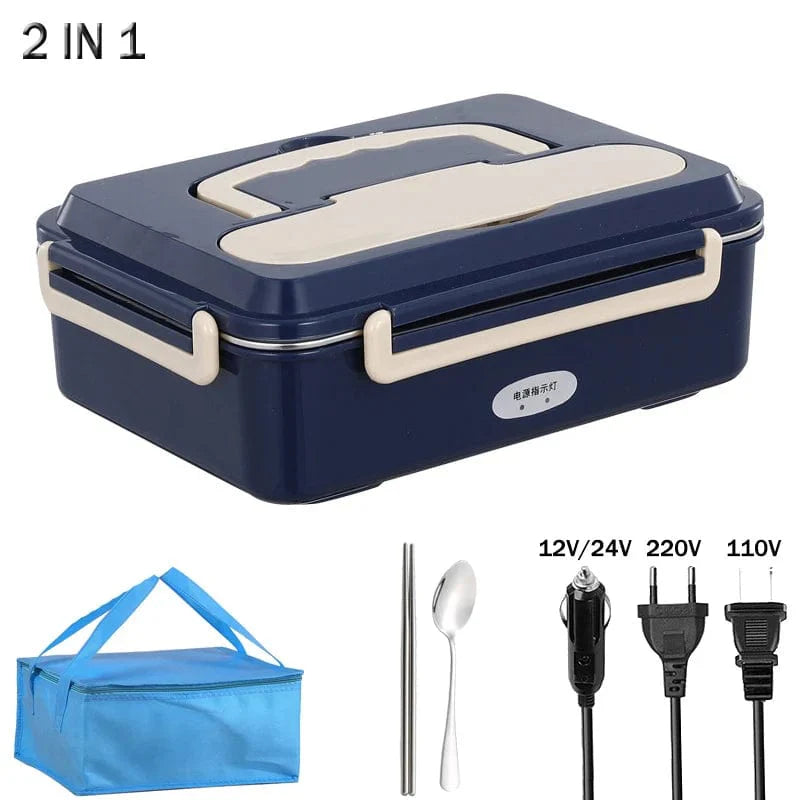 Stainless steel FusionHeat electric lunch box for car and home use, featuring dual compartments for warm meals on the go.