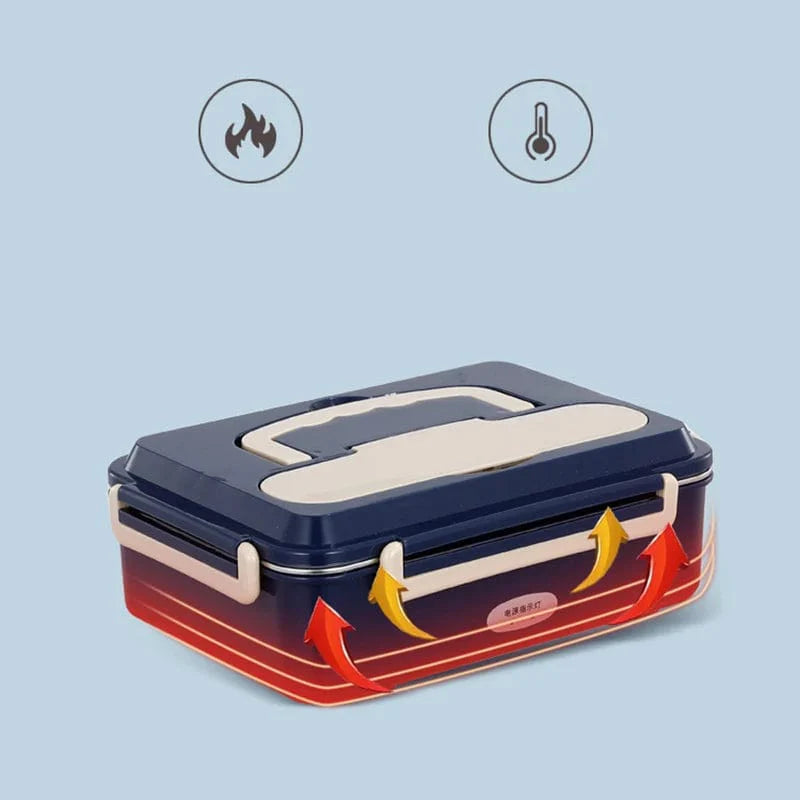 Stainless steel FusionHeat electric lunch box for car and home use, showing dual compartments and portable design.