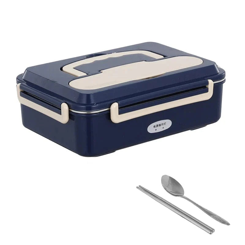 Stainless steel FusionHeat electric lunch box for car and home use, featuring dual compartments and portable food warming design.