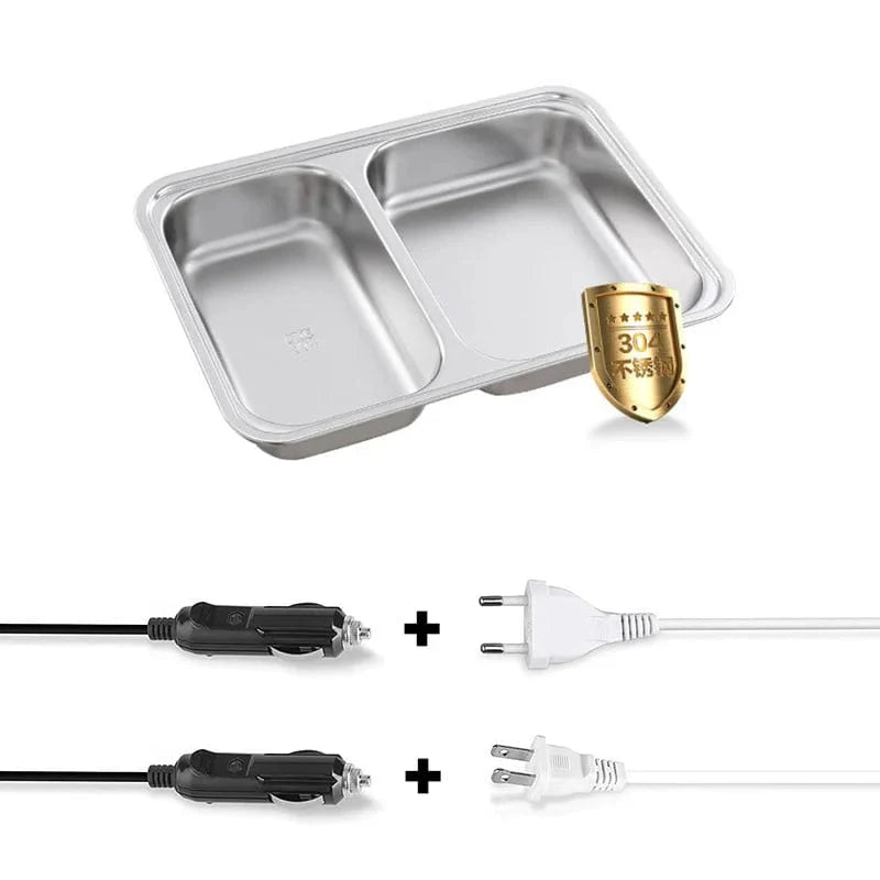 Stainless steel FusionHeat electric lunch box for car and home use, designed for heating food on the go or at home.