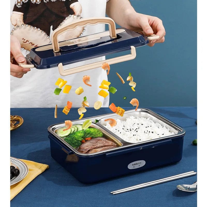 FusionHeat electric lunch box by Showlu Fashion Store, stainless steel car and home food warmer with dual-use design.