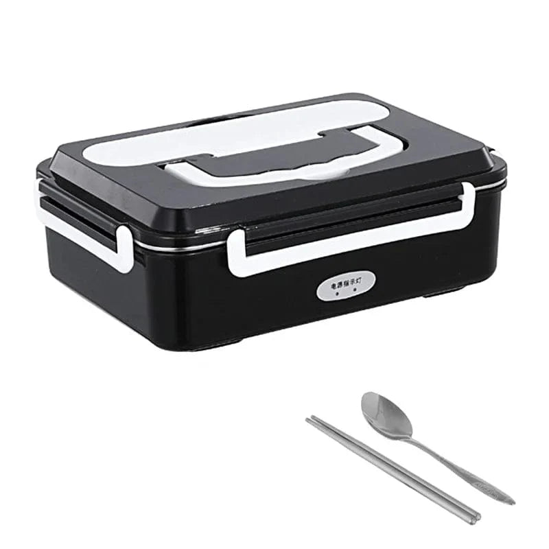 Stainless steel FusionHeat electric lunch box for car and home use, with a sleek design and dual heating functionality.