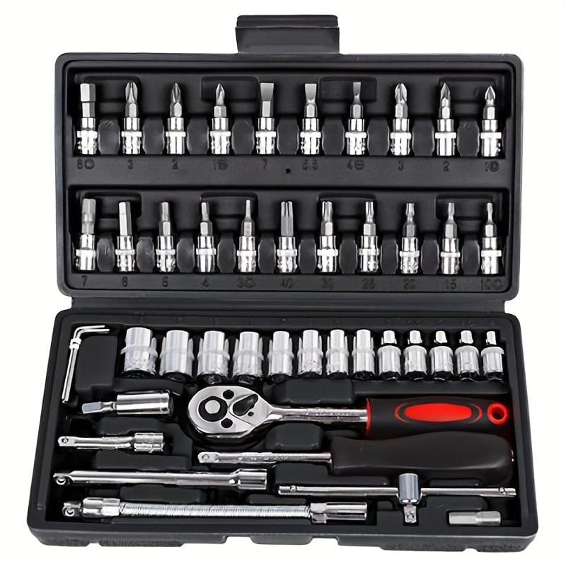 Showlu multi-purpose ratchet torque wrench and screwdriver set with automotive repair tools, portable for auto and bike maintenance.