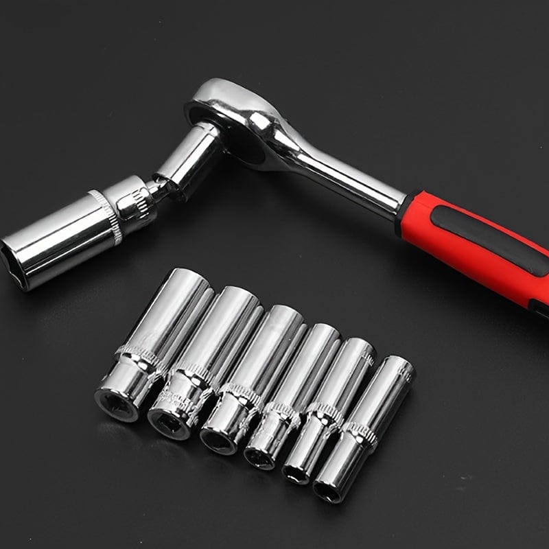 Showlu multi-purpose ratchet torque wrench and screwdriver set with automotive repair tools, portable for auto, bike, and motorcycle maintenance.