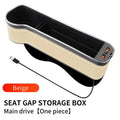 Showlu Car Seat Gap Filler Organizer with LED cup holder, dual USB ports, and colorful changing lights for car crevice storage.