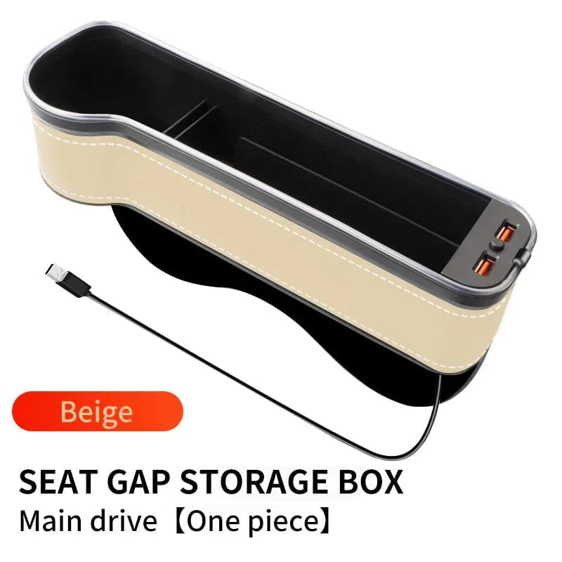 Showlu Car Seat Gap Filler Organizer with LED cup holder, dual USB ports, and colorful changing lights for car crevice storage.
