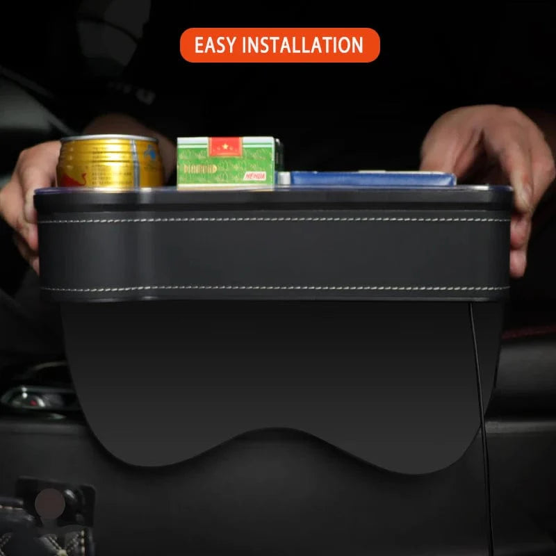 Showlu Car Seat Gap Filler Organizer with LED cup holder, dual USB chargers, and colorful changing LED lights in a vehicle interior.