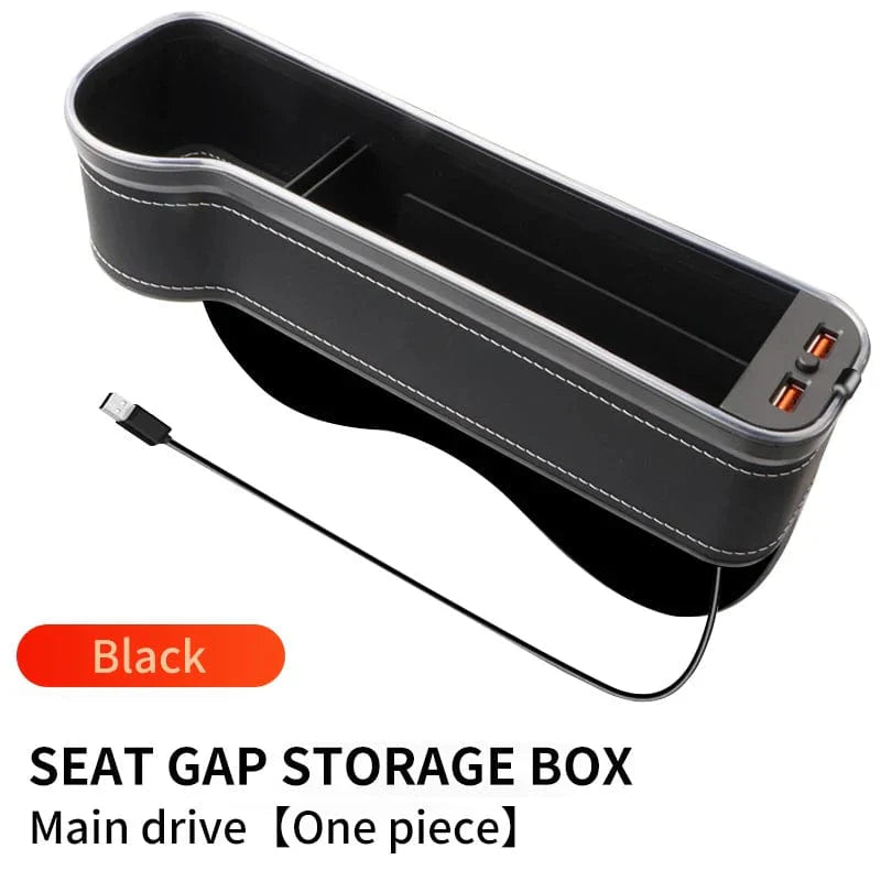 Showlu Car Seat Gap Filler Organizer with LED cup holder, dual USB chargers, colorful LED lights, and crevice storage for vehicles.