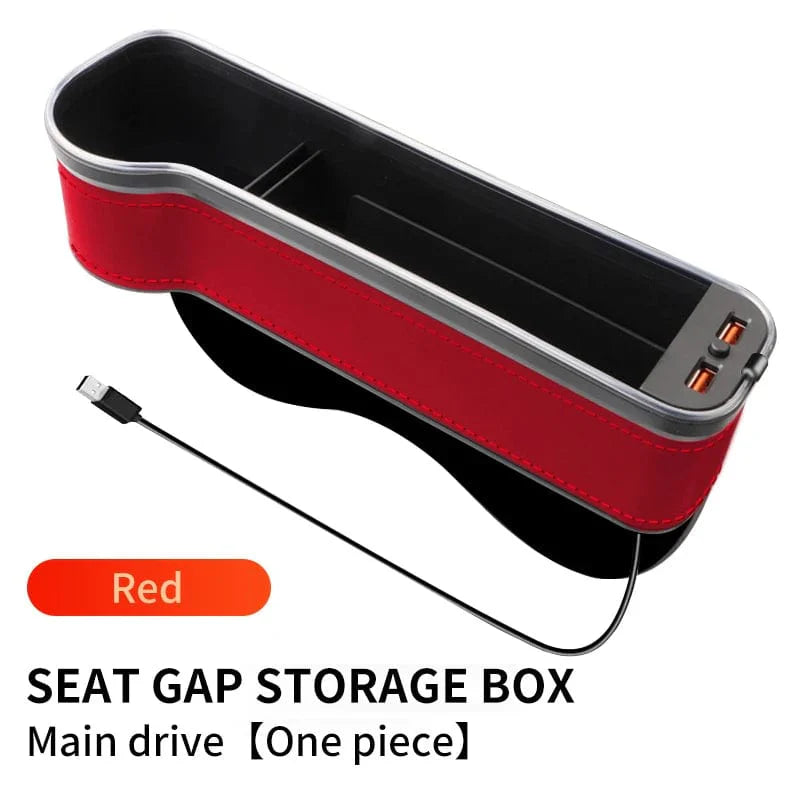 Showlu Car Seat Gap Filler Organizer with LED Cup Holder, dual USB chargers, colorful LED lights, and car crevice storage.