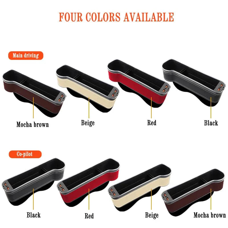 Showlu Car Seat Gap Filler Organizer with LED Cup Holder, dual USB chargers, and colorful LED lighting in a vehicle interior