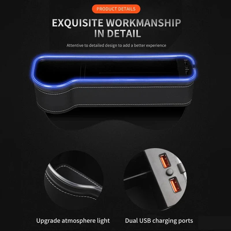 Showlu Car Seat Gap Filler Organizer with LED cup holder, dual USB chargers, and multi-color changing LED lights in a vehicle interior.