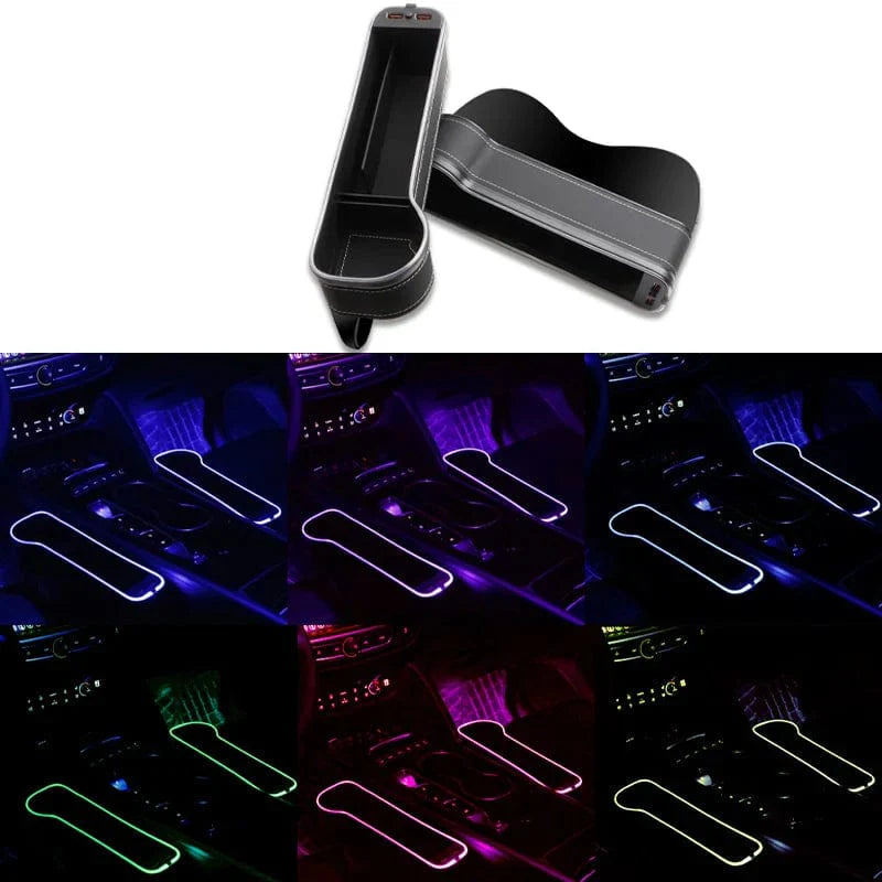 Showlu Car Seat Gap Filler Organizer with LED cup holder, dual USB chargers, colorful LED lights, and crevice storage in a vehicle.