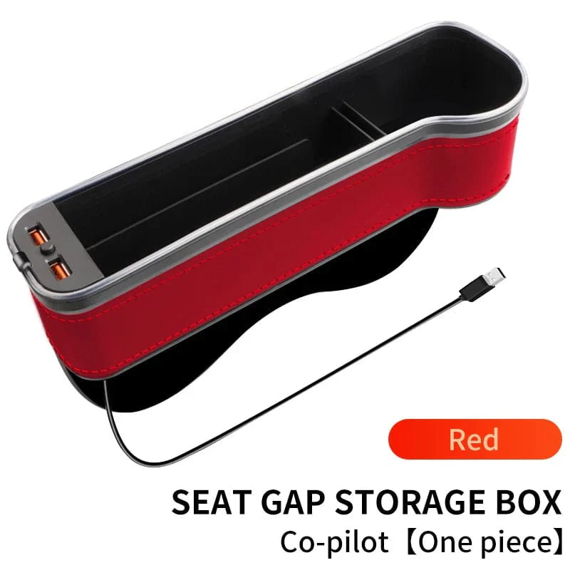 Showlu Car Seat Gap Filler Organizer with LED cup holder, dual USB chargers, and colorful changing lights in a vehicle interior.