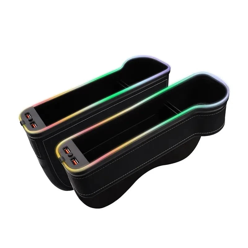 Showlu Car Seat Gap Filler Organizer with LED cup holder, dual USB ports, and colorful changing LED lights in a car interior.