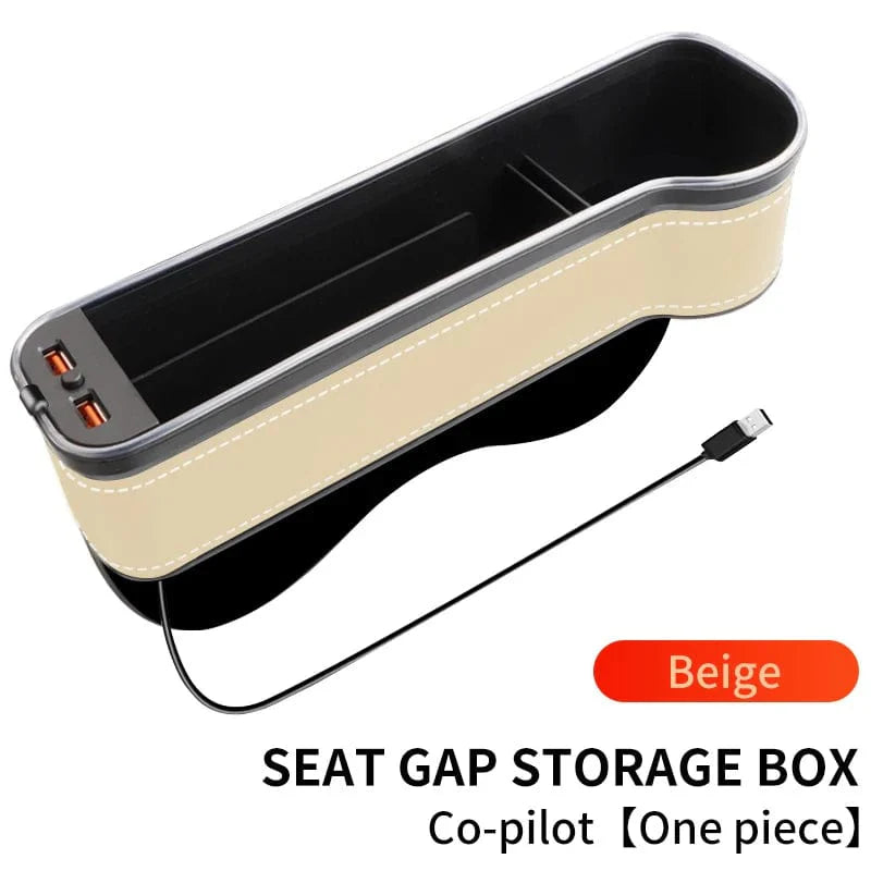 Showlu Car Seat Gap Filler Organizer with LED Cup Holder and dual USB chargers, fits between car seats for storage and convenience.